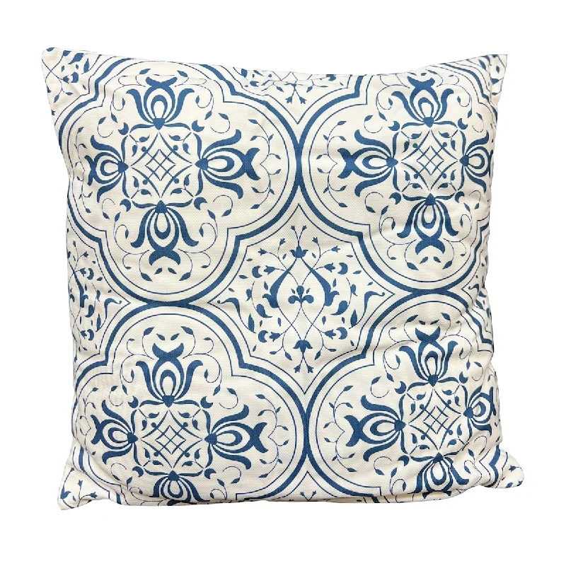 17 x 17 Inch Decorative Square Cotton Accent Throw Pillow with Classic Damask Print, Blue and White