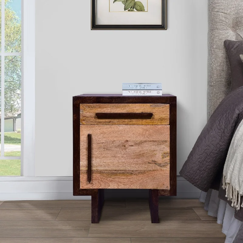 18.5 Inch Single Modern Contemporary Style Mango Wood Nightstand Side Table with 1 Drawer and Door, Cafe and Natural Brown