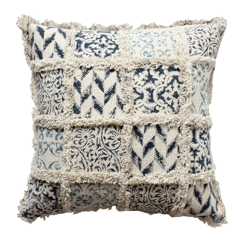 18 x 18 Bohemian Artisanal Square Cotton Accent Throw Pillow, Fluffy Fringes, Soft Block Print Raised Pattern, Cream, Blue