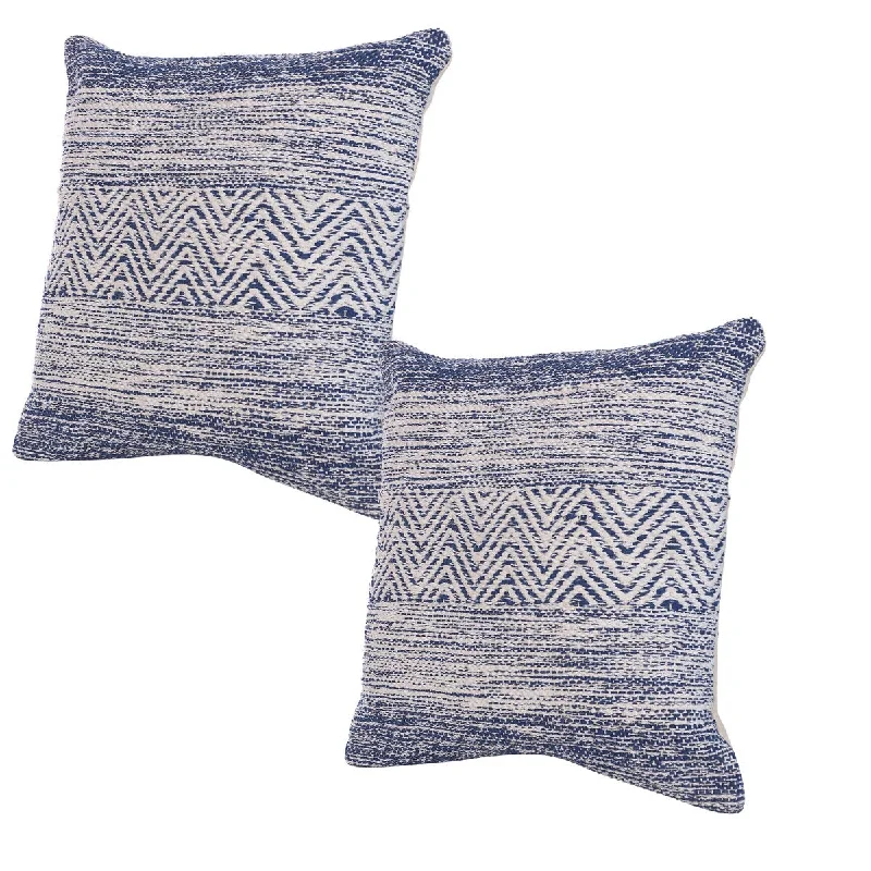 18 X 18 Handcrafted Cotton Accent Throw Pillows, Wavy Lined Pattern, Set of 2, Ink Blue, White - White+Blue