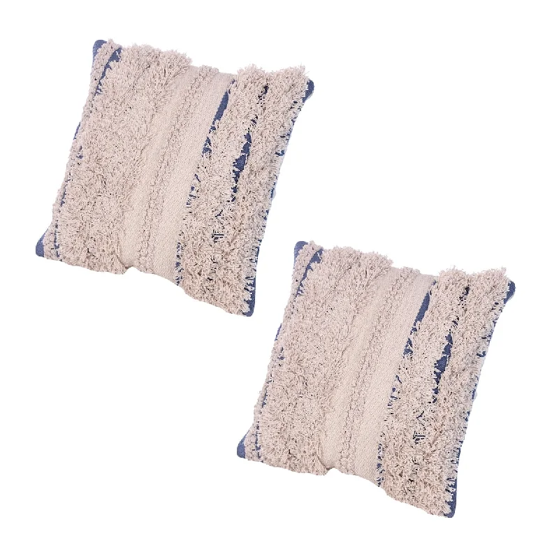 18 x 18 Handcrafted Shaggy Cotton Accent Throw Pillows, Woven Yarn, Set of 2, Beige, Blue - Beige