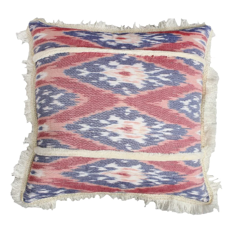 18 x 18 Handcrafted Square Cotton Accent Throw Pillow, Floral Ikat Dyed Pattern, Fringe Accent, Multicolor - Red