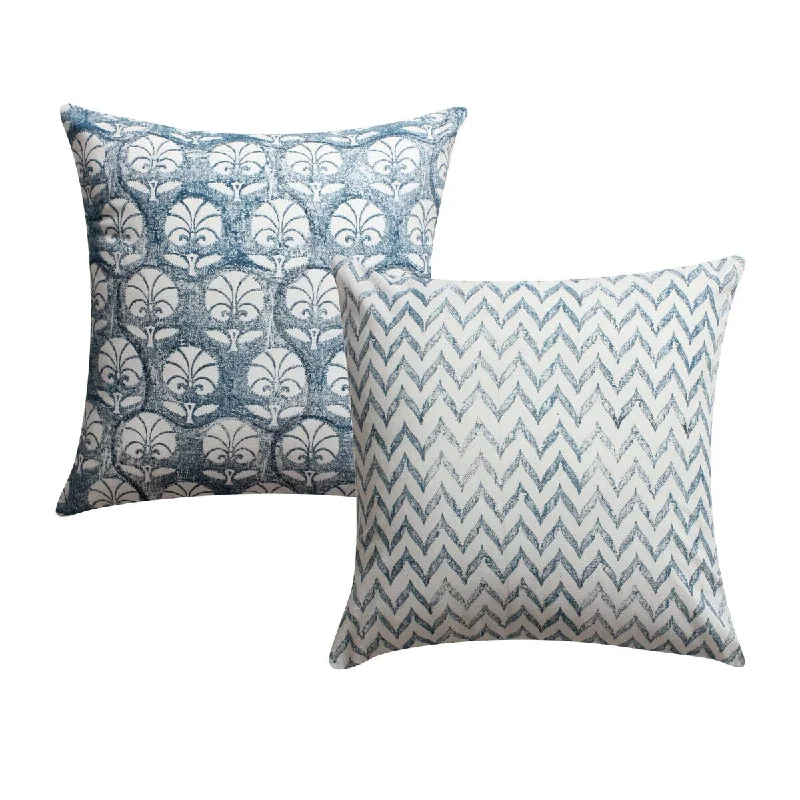 18 x 18 Square Cotton Accent Throw Pillow, Floral and Chevron Patterns, Set of 2 - White+Blue