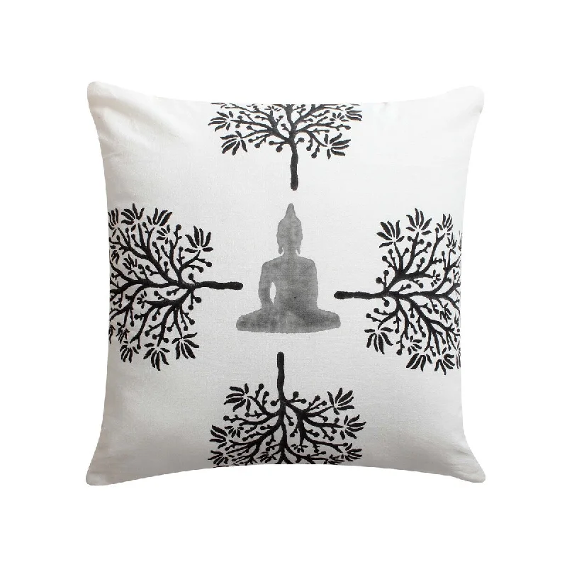 18 x 18 Square Cotton Accent Throw Pillow, Meditating Buddha, Tree Print, White, Black - White