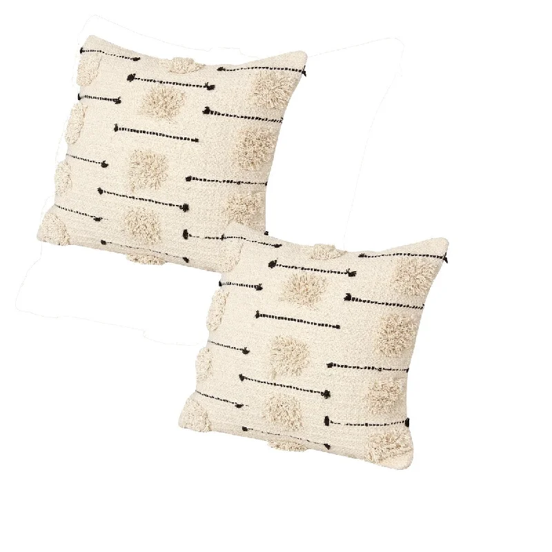 18 x 18 Square Cotton Accent Throw Pillow, Trimmed Shaggy Fringe Accents, Set of 2, Beige, Black - Beige