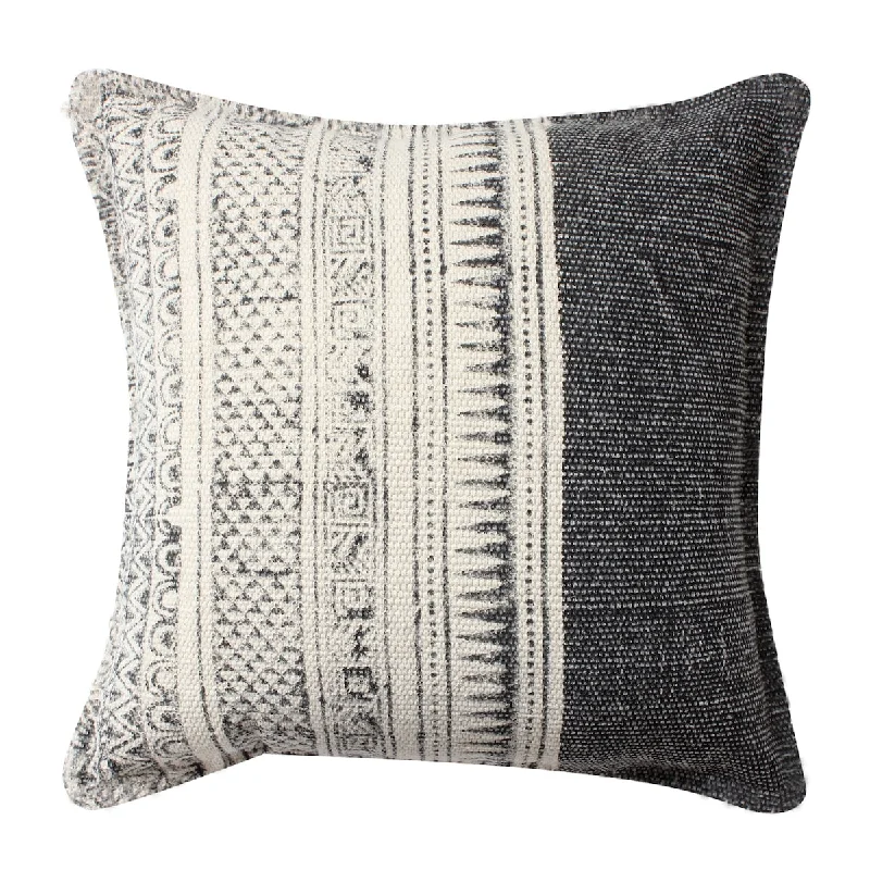 18 x 18 Square Handwoven Accent Throw Pillow, Polycotton Dhurrie, Kilim Pattern, White, Gray - White