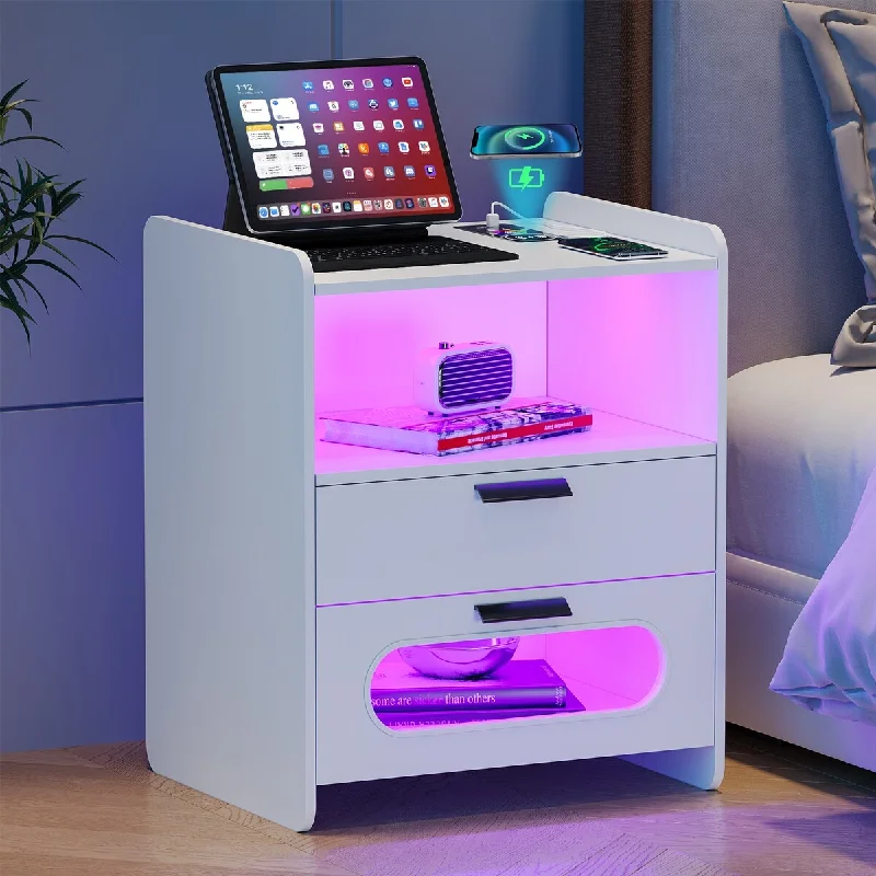 2 Drawer Nightstand with Light and Charging Station