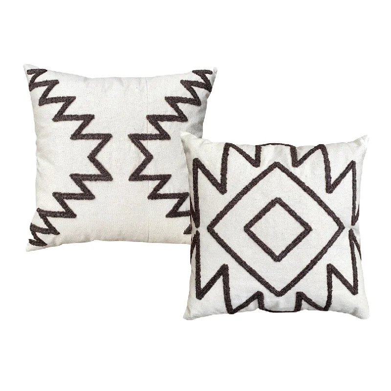 2 Piece Square Cotton Accent Throw Pillow Set with Modern Geometric Aztec Design Embroidery - White