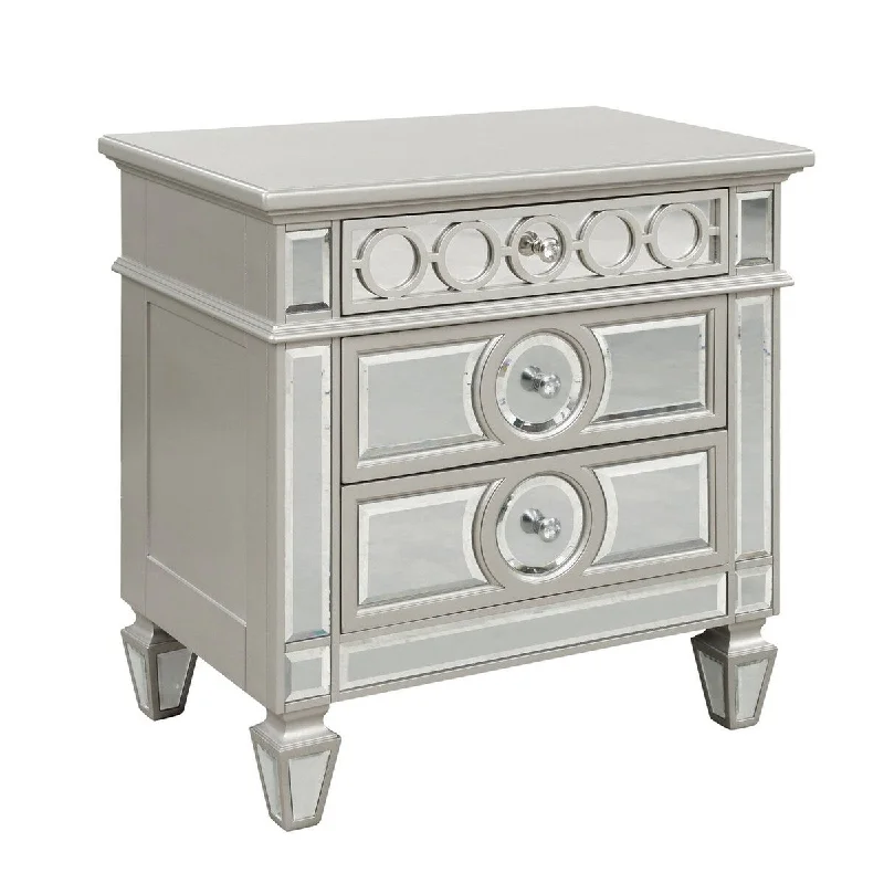 29 Inch 3 Drawer Nightstand with Mirror Inlaid Front and Legs, Silver Wood