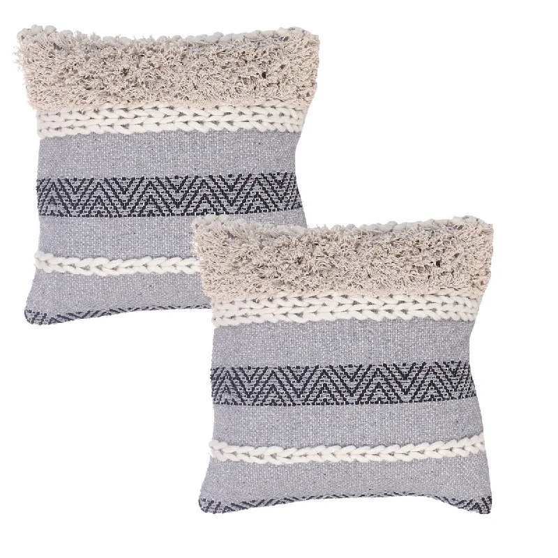 Accent Throw Pillows Set of 2, Square Cotton Pillows with Geometric Lined Pattern, 18 x 18 inch