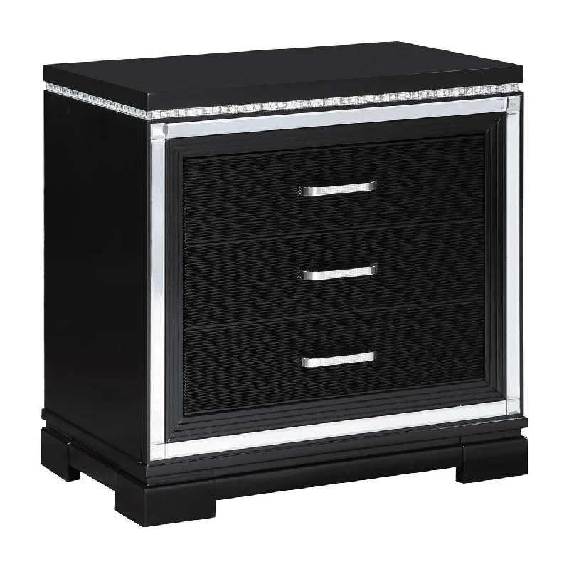 Axl 29 Inch 2 Drawer Nightstand, USB Ports, Embossed, Mirror Trim, Black