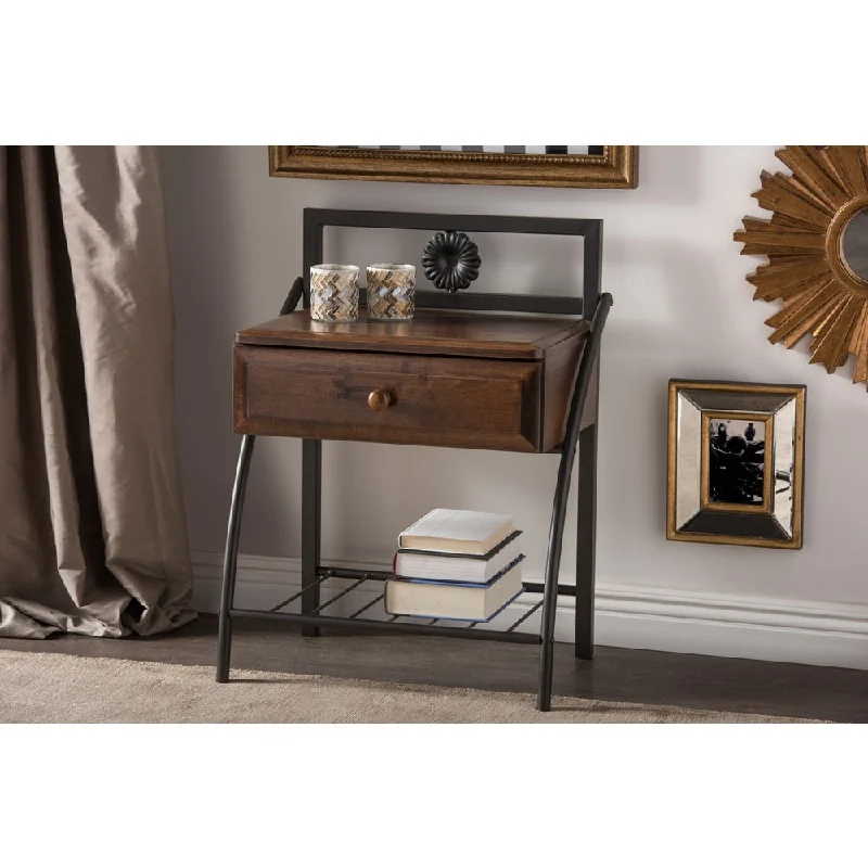 Baxton Studio Jevenci Vintage Antique Dark Bronze Metal and Walnut Wood 1-drawer Nightstand