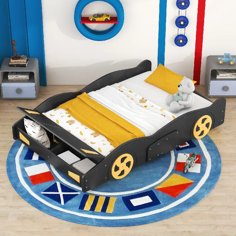 Black Full Size Car-Themed Platform Bed with Built-In Storage