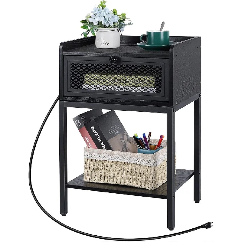 Black Nightstand with Charging Station