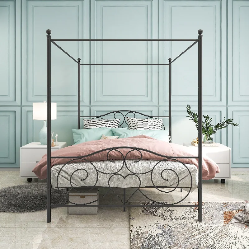 Black Queen SizeVintage Metal Platform Bed with Under-Bed Storage