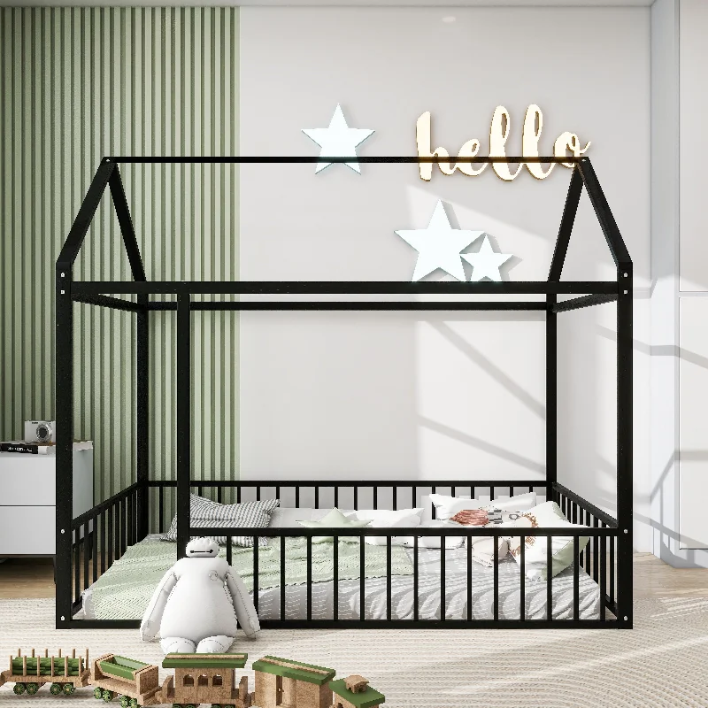 Black Twin Size Metal House Bed Frame with Fence - Playful, Sturdy Design