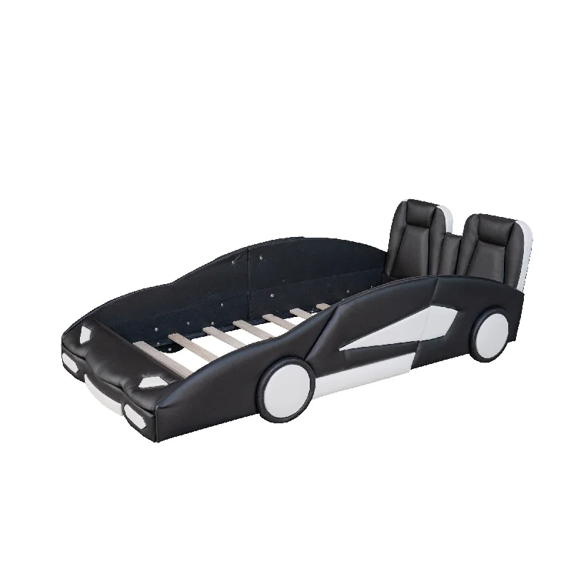 Black Twin Size Race Car-Shaped Platform Bed with Rolling Wheels - Durable Construction