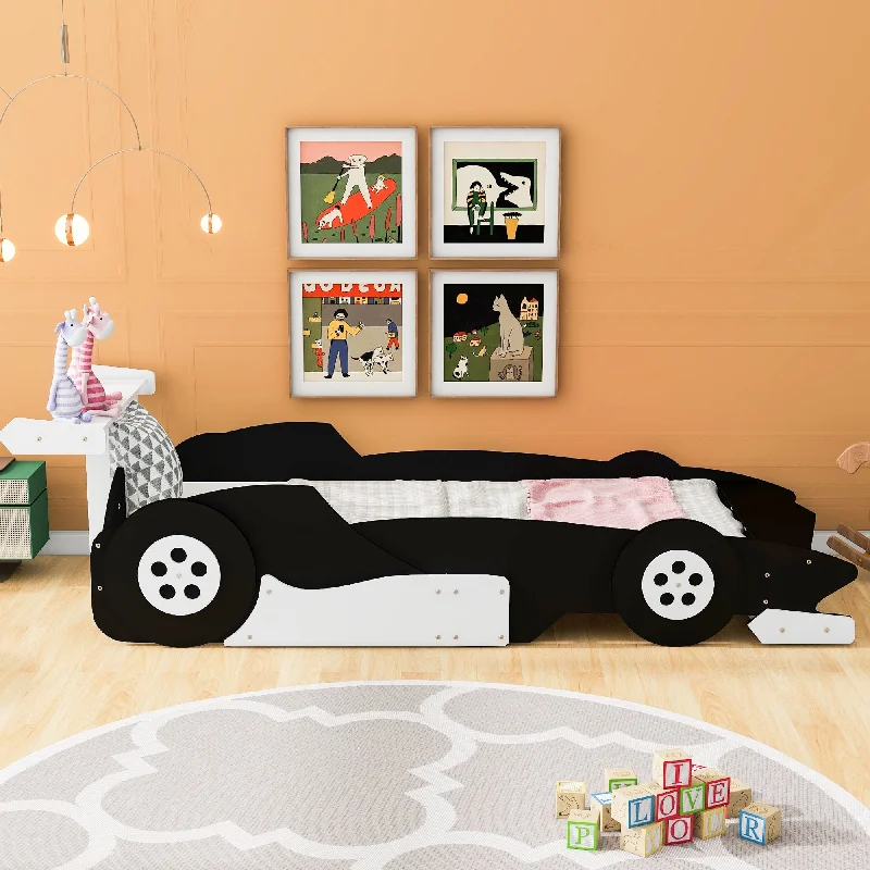 Black Twin Size Solid Wood Car-Shaped Platform Bed, Complete with Wheels and Handy Storage Rack