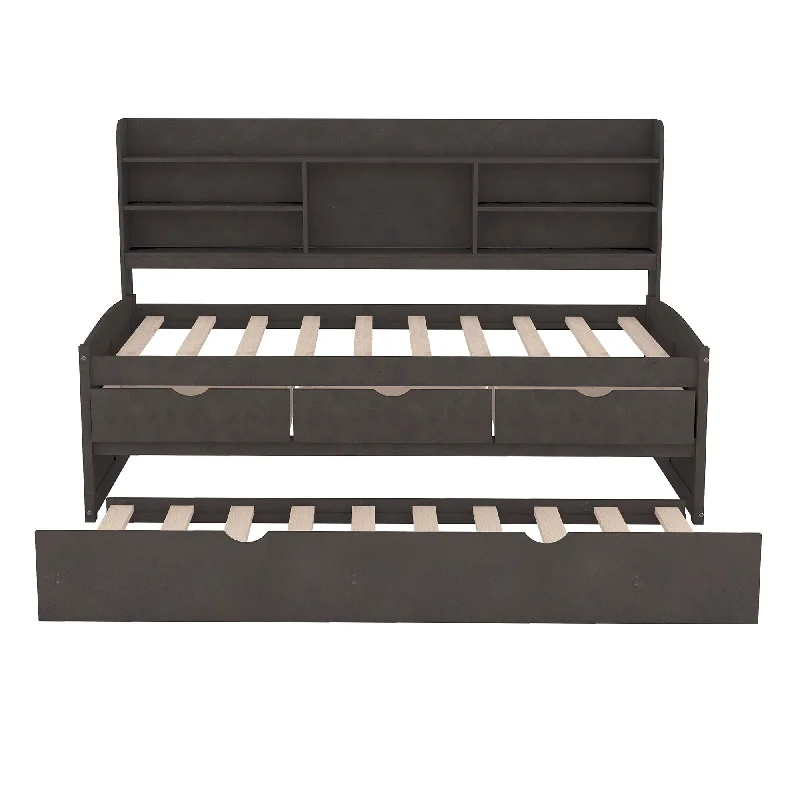 Black Twin Size Wooden Captain Bed with Built-in Bookshelves, Three Storage Drawers and Trundle