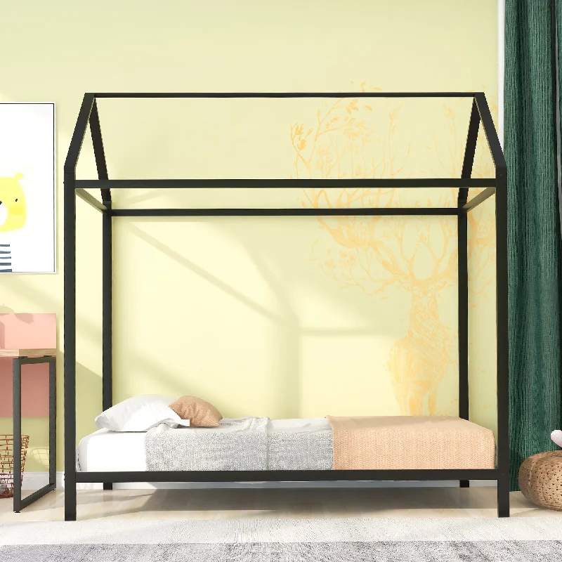 Black Twin SizeHouse Bed Frame - Creative Metal Platform Bed, Tree House Design, //