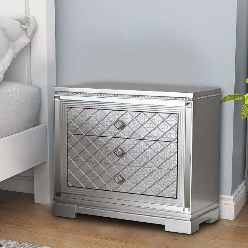 Blex 29 Inch Nightstand with 3 Drawers, Crossed Design, Silver Finish