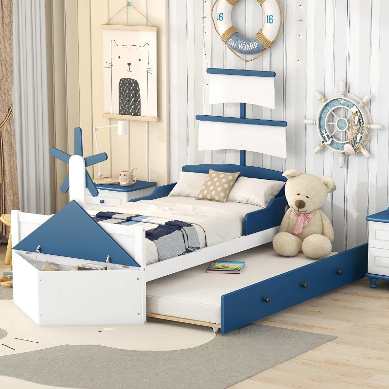 Blue Nautical Twin Size Boat-Shaped Platform Bed with Storage Drawers