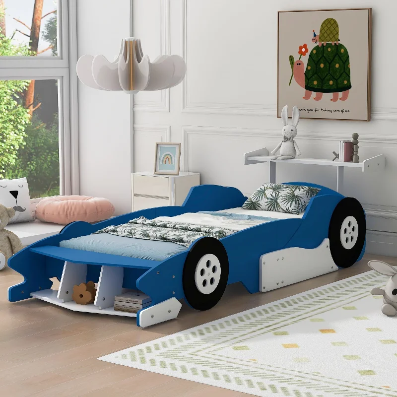 Blue Twin Size Solid Wood Car-Shaped Platform Bed, Complete with Wheels and Handy Storage Rack