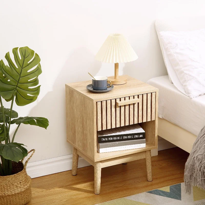 Boho Night Stand, Small End Table, Bedside Table with Drawer and Open Shelf