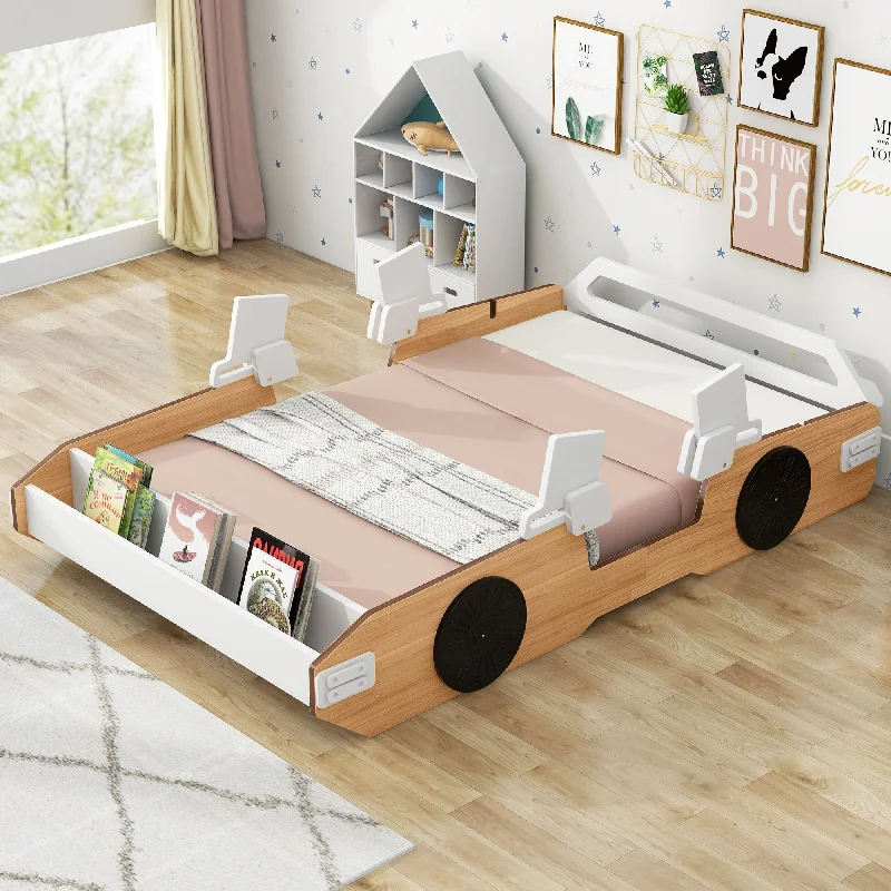 Brown Full Size Racing Car Bed with Lifelike Door Design & Storage Sturdy Wood Frame, Playful Design Magazine Holder