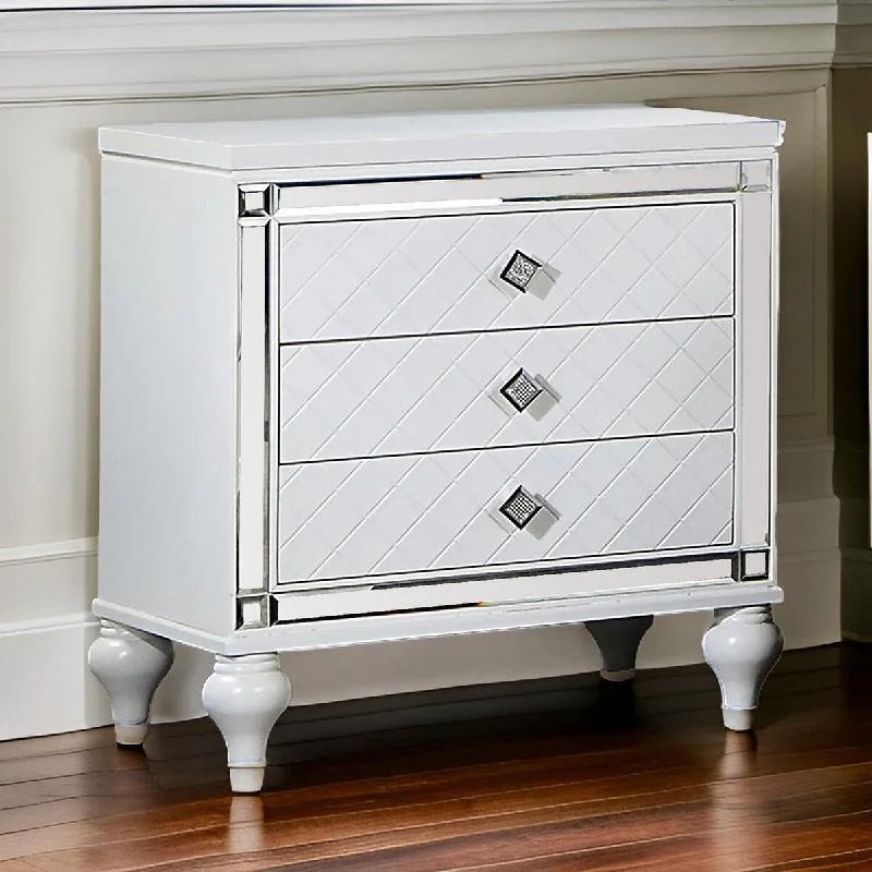 Calan 28 Inch Nightstand, 3 Drawers, Pebble Texture, Mirror Trim, White