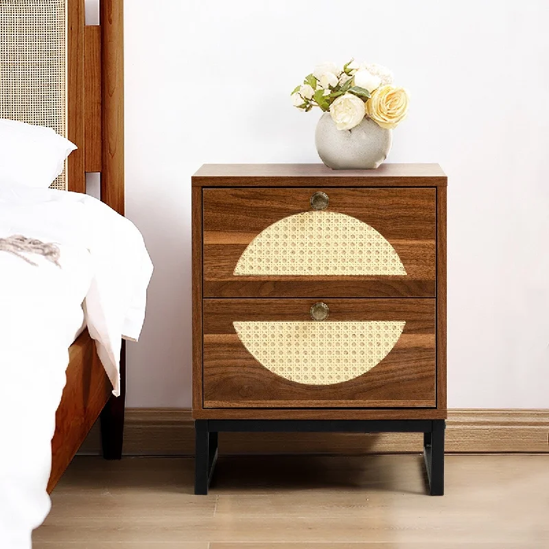 Contemporary And Versatile 2-Drawer Nightstand With Metal Base, Easy To Assemble, Wood Patterns, Stream-Lined Silhouette