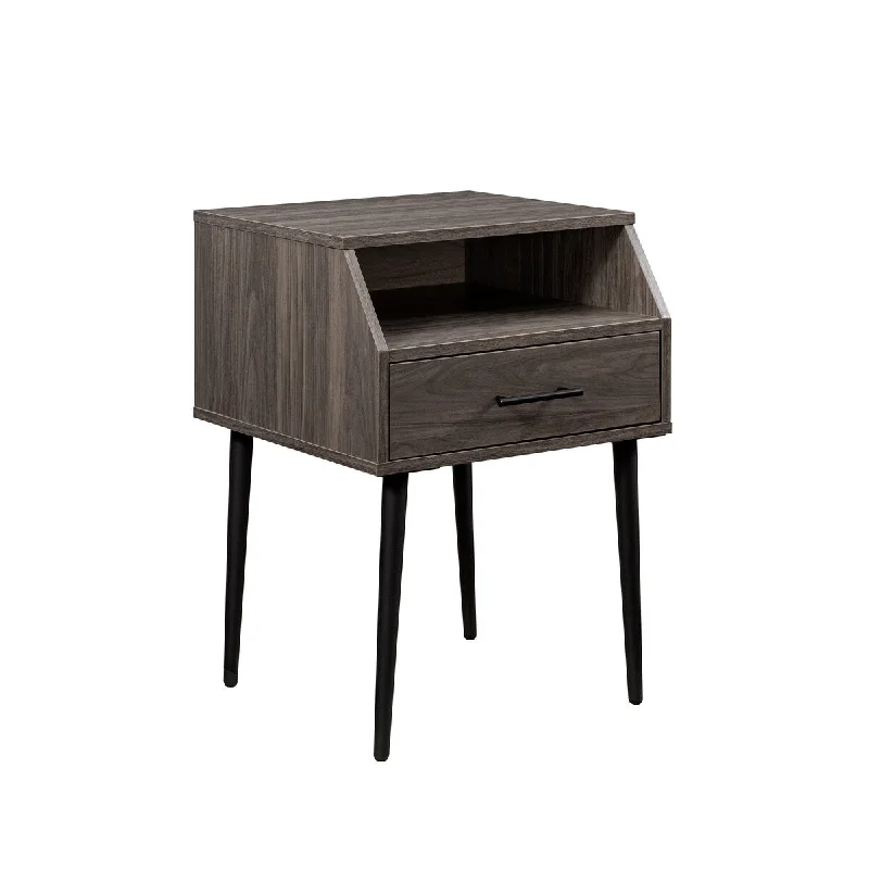 Contemporary Angled Nightstand with 1 Drawer on Smooth, Metal Gliders offer Ample Closed Storage