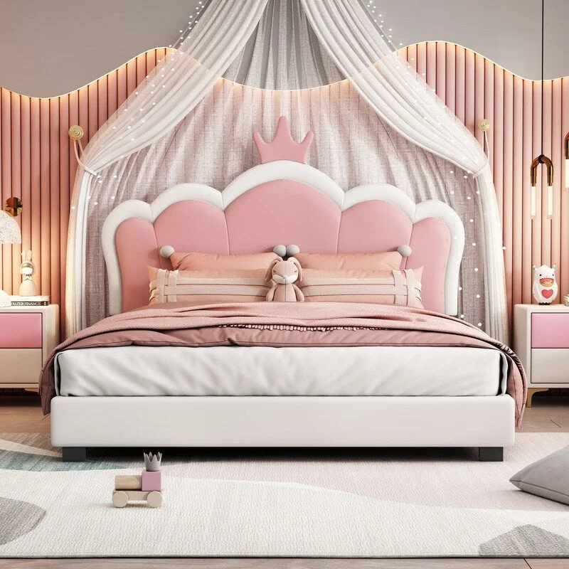 Cute Upholstered Princess Bed with Crown Headboard, Twin/Full Size Leather Platform Bed with Wood Slats for Kids Boys Girls