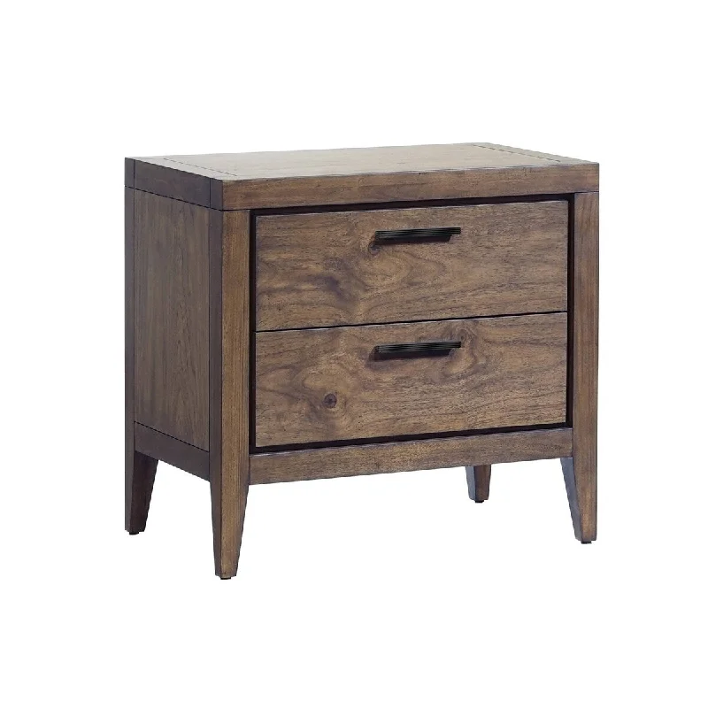 Enzo 28 Inch 2 Drawer Nightstand, Brown Wood, USB Charging, Black Handles