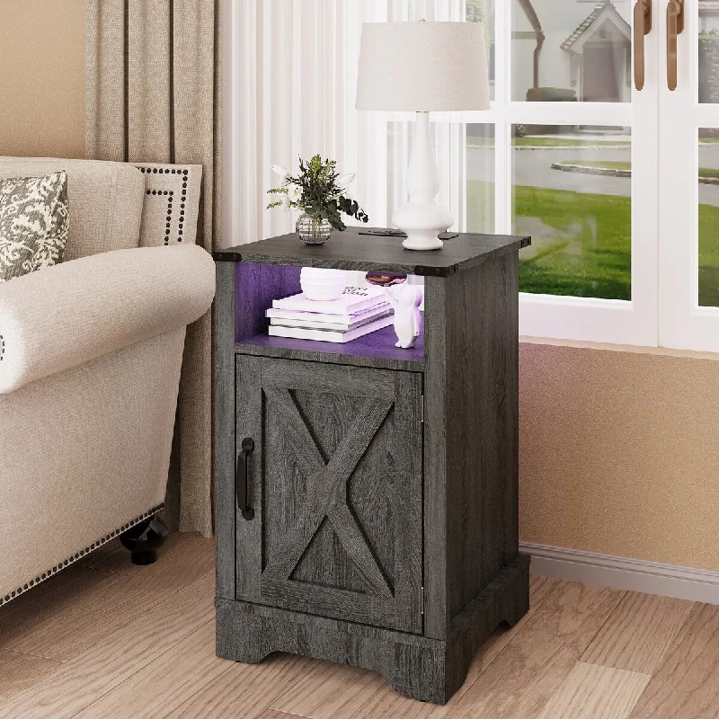 Farmhouse Nightstand With LED Lights and Charging Station