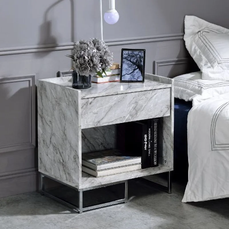 Faux Marble Nightstand with Metal Base in White and Chrome