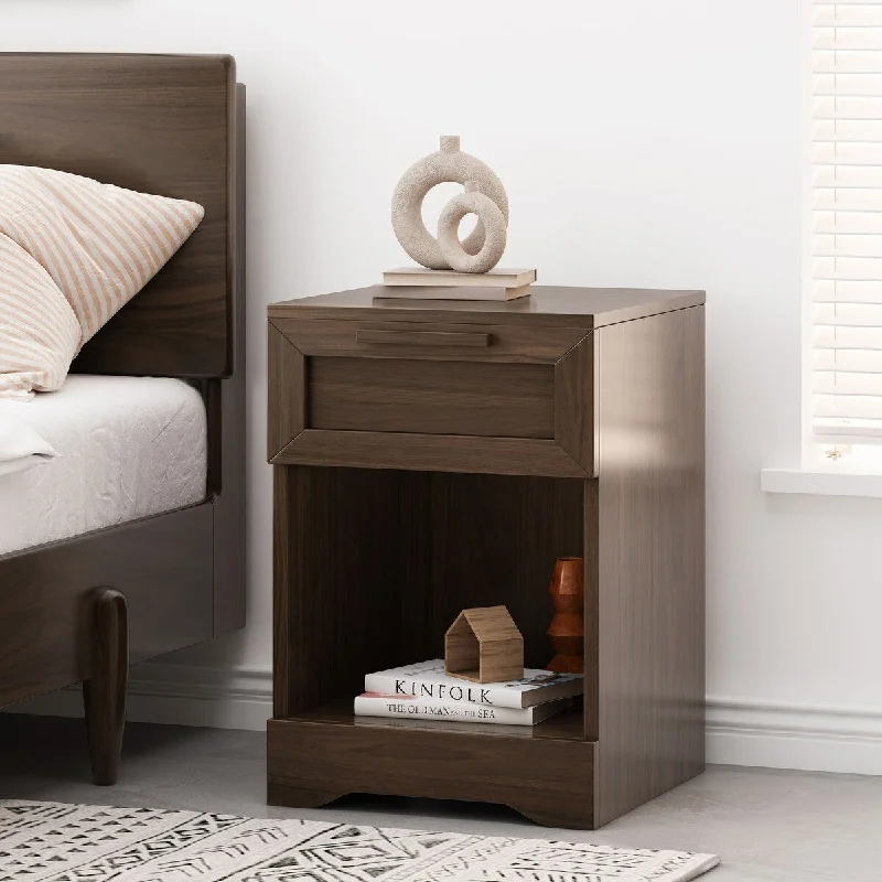 Faux Wood Nightstand with one Drawer and a Bottom Shelf,Simple Block Pull Handles