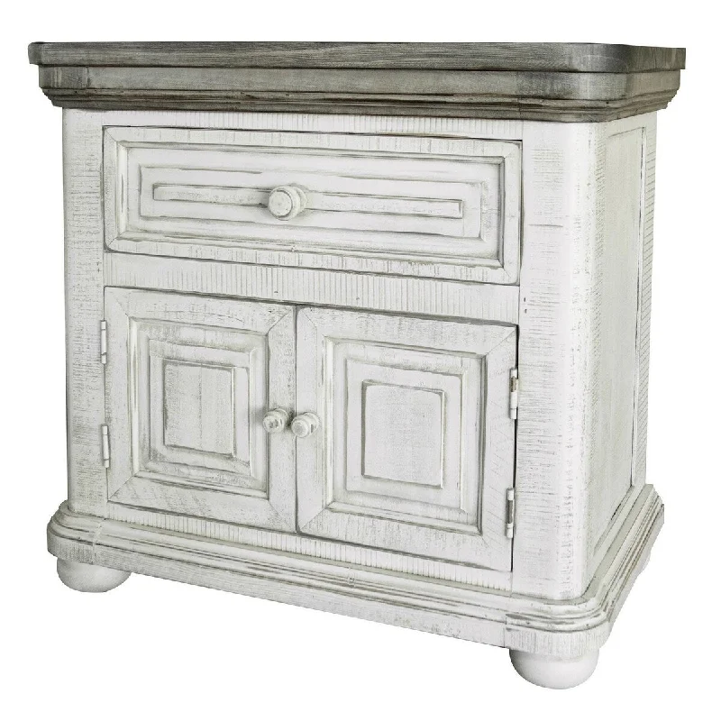 Feyi 28 Inch 1 Drawer Nightstand, 2 Doors, Rustic Ivory and Gray Pine Wood