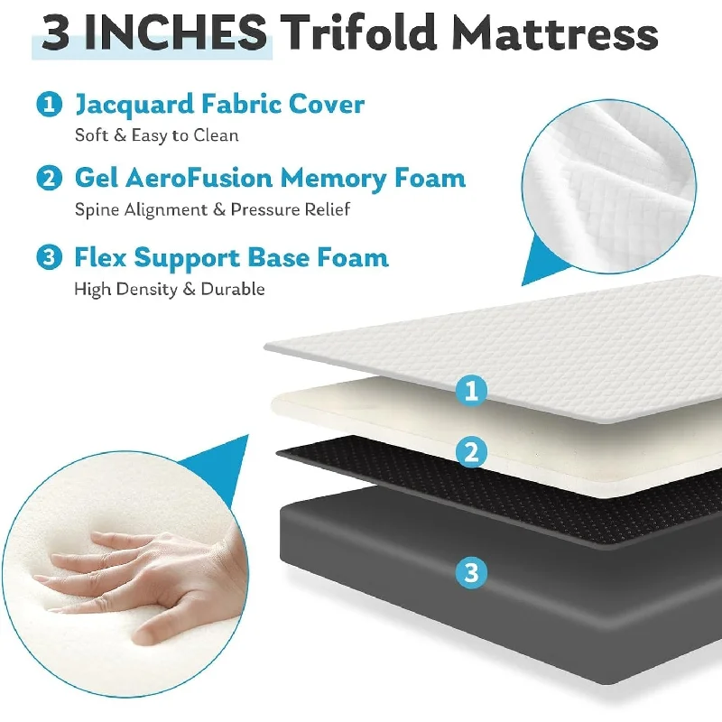 Folding Mattress, 3 inch Tri-Fold Memory Foam Mattress Topper for Camping, Foldable Guest Bed, Washable Cover