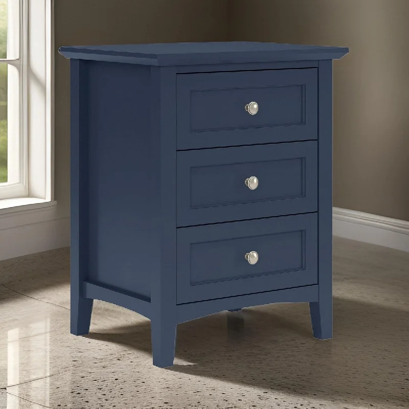 Fritz 30 Inch Nightstand, 3 Drawers Nickel Round Handles, Solid Wood, Blue