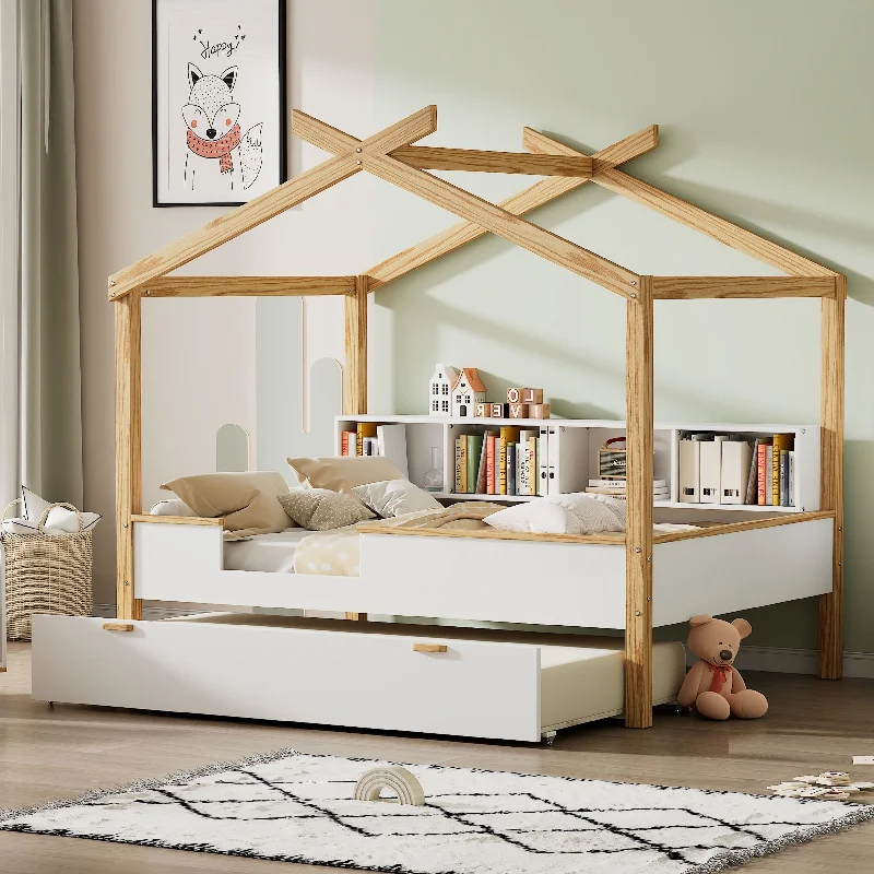 Full House Bed for Kids Girls Boys, Storage Bed with Roof & Trundle, Wood Platform Bed Frame with Bookcase, No Box Spring Needed