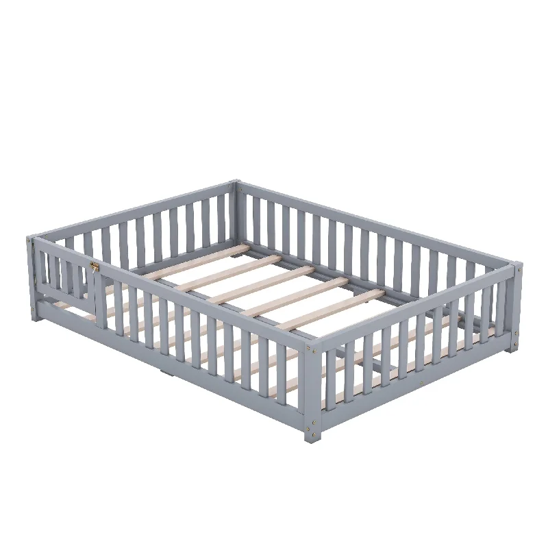 Full Size Montessori Floor Bed Floor Bed with Safety Guardrails and Door for Kids, Toddler Bed Wood Kids Floor Beds Frame