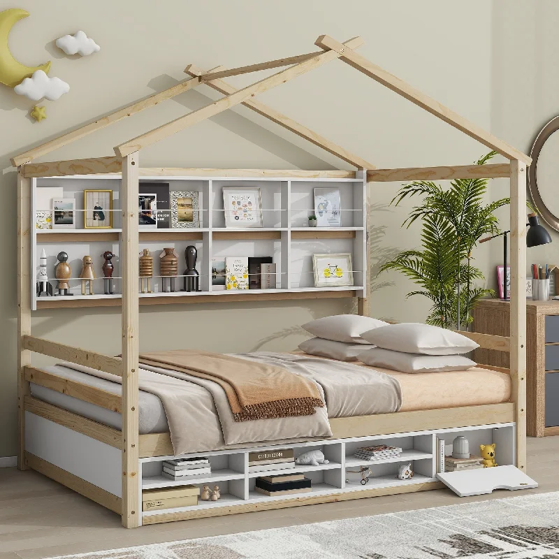 Full Size Wooden House-Shaped Platform Bed with Roof Frame, Bedside-Shelves and Under Bed Storage Unit