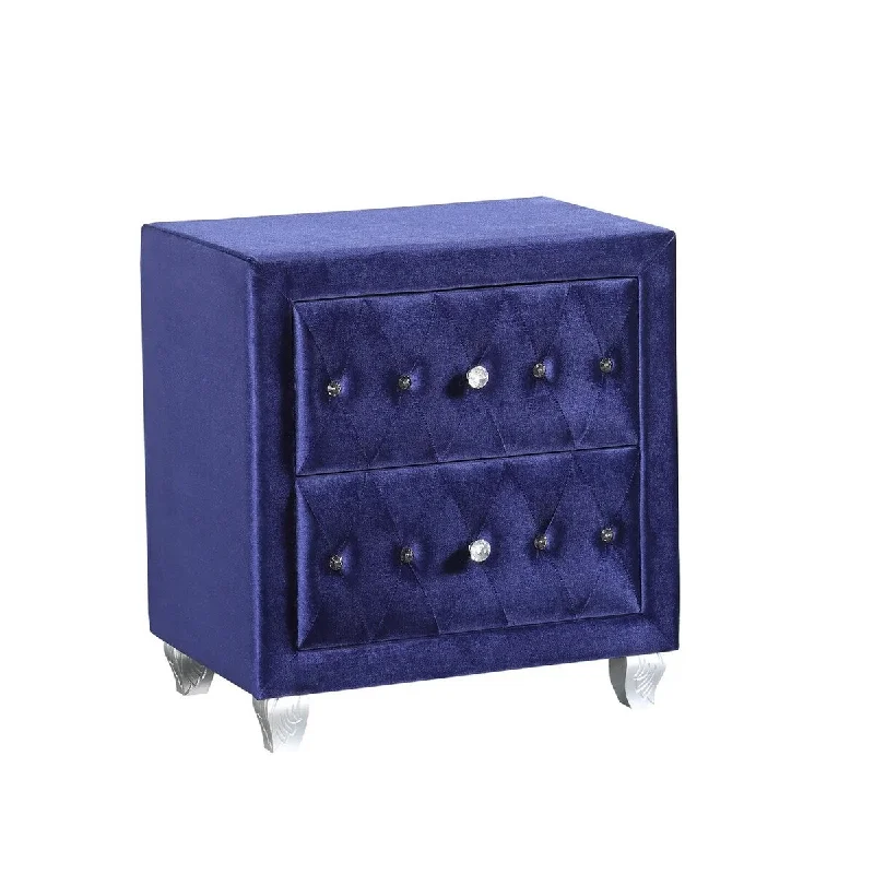 Gina 28 Inch Modern Nightstand, Upholstered, Crystal Accents, Navy Blue