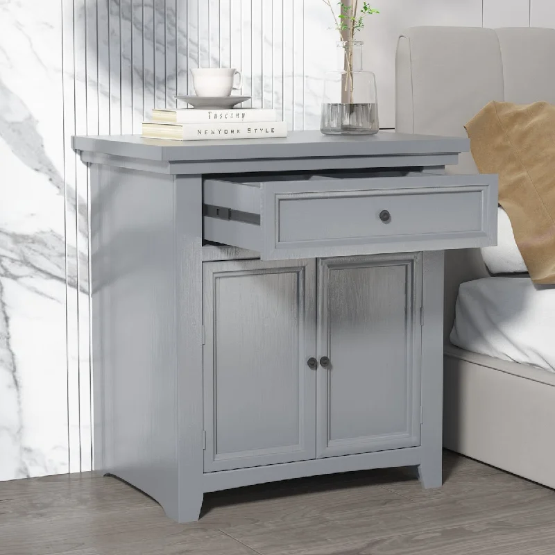 Gray Pine Wood and MDF Modern Nightstand with Slide Drawer and Flip Cabinet - Contemporary and Space-Saving