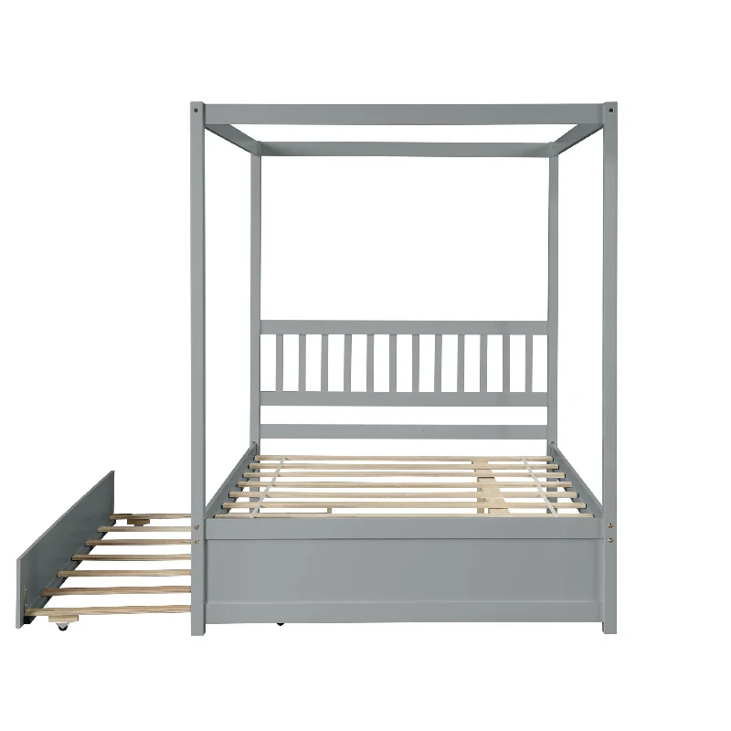 Grey Full Size Pine Poster Bed with Trundle for Classic Style and Convenience