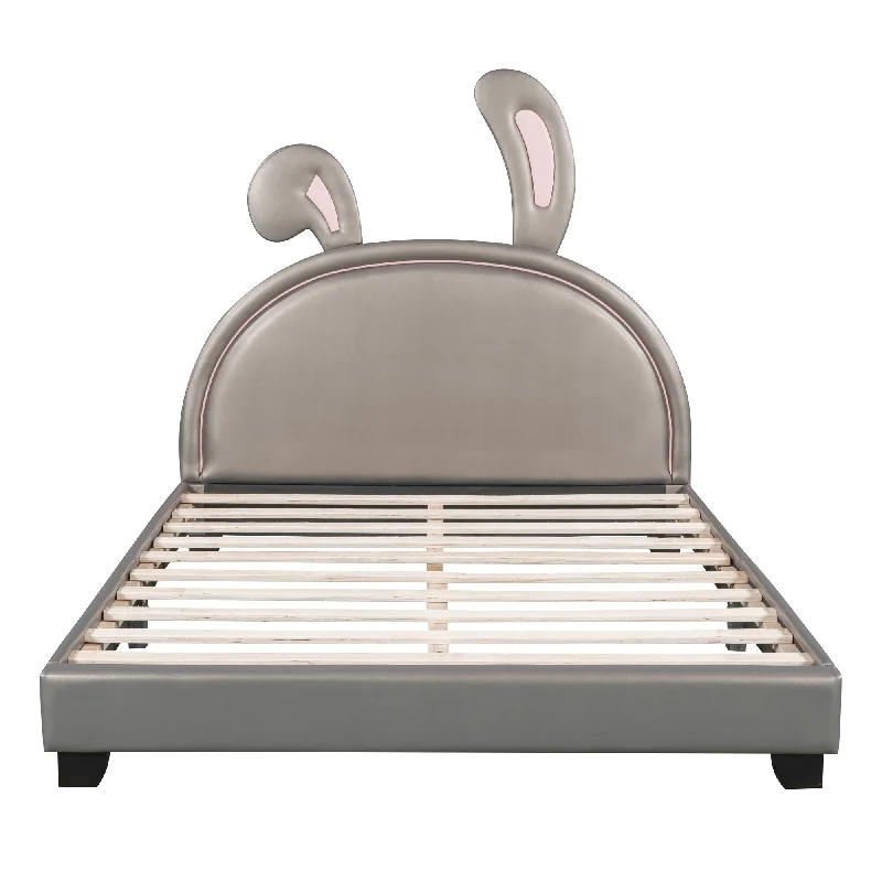 Grey Full Size Upholstered Leather Platform Bed with Rabbit Ornament, Featuring High Load Capacity and Solid Construction