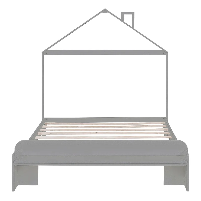 Grey Full Size Wood Platform Bed with House-shaped Headboard, Footboard Bench, Durable Pine Frame, Easy Assembly