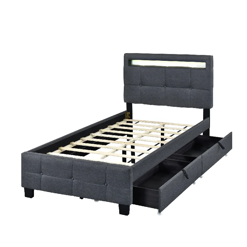 Grey Linen Fabric Twin Size Upholstered Platform Bed with Headboard, LED Frame and 2 Drawers