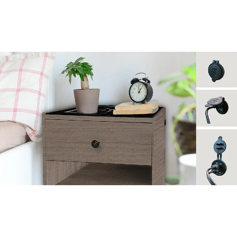 Grey MDF Nightstand with Wireless Charging Station with One Drawer and One Open Way Shelf